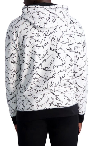 Shop Karl Lagerfeld Signature Print Cotton Hoodie In White/ Black