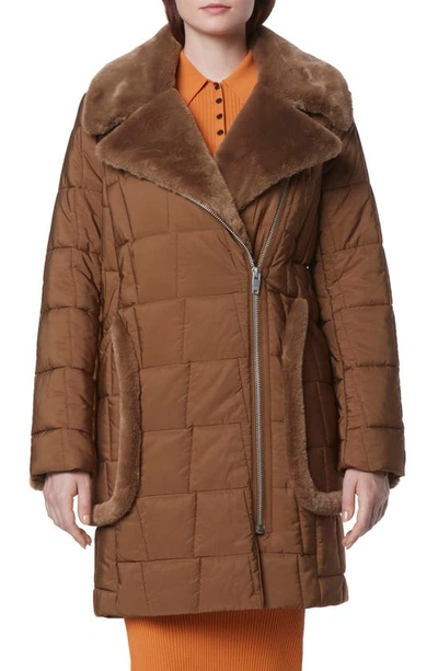 Andrew Marc Astor Quilted Faux Shearling Trim Coat In Sepia