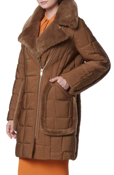 Andrew Marc Astor Quilted Faux Shearling Trim Coat In Sepia