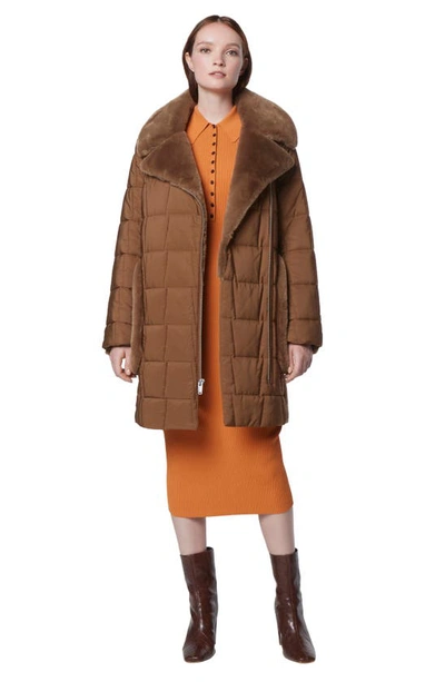 Andrew Marc Astor Quilted Faux Shearling Trim Coat In Sepia