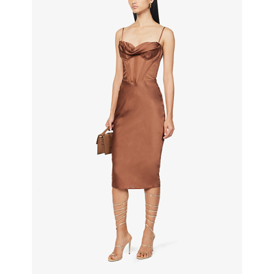 Shop House Of Cb Myrna Corset Satin Midi Dress In Brown