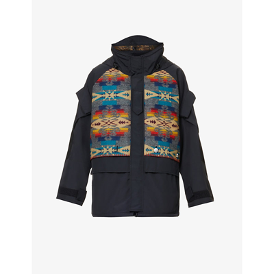 Shop Junya Watanabe X Pendleton Patchwork-label Funnel-neck Relaxed-fit Shell Jacket In Bk X Gry/yl/bl