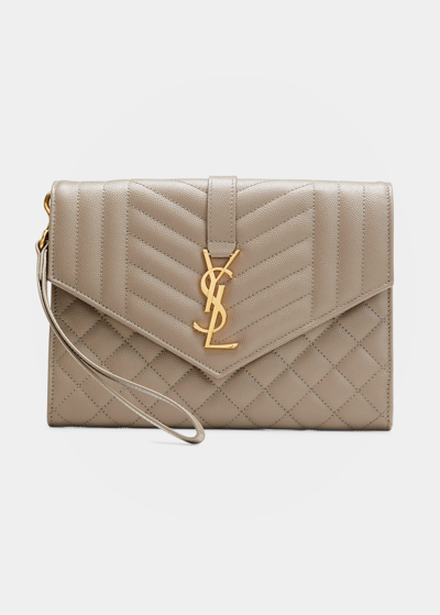 Shop Saint Laurent Ysl Monogram Quilted Envelope Clutch Bag In Greyish Brown