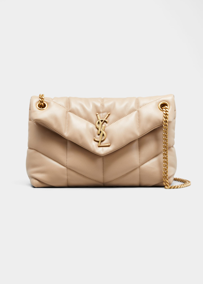 Shop Saint Laurent Lou Puffer Small Ysl Shoulder Bag In Quilted Leather In Dark Beige