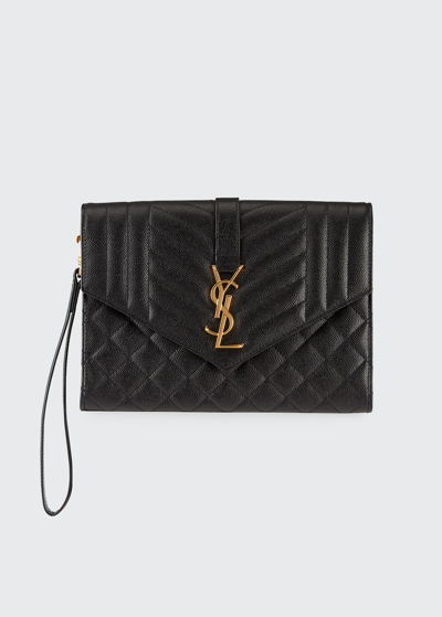 Shop Saint Laurent Envelope Flap Ysl Clutch Bag In Grained Leather In Nero