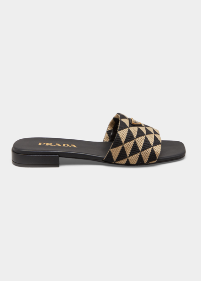 Shop Prada Triangle Jacquard Flat Sandals In Nero/corda