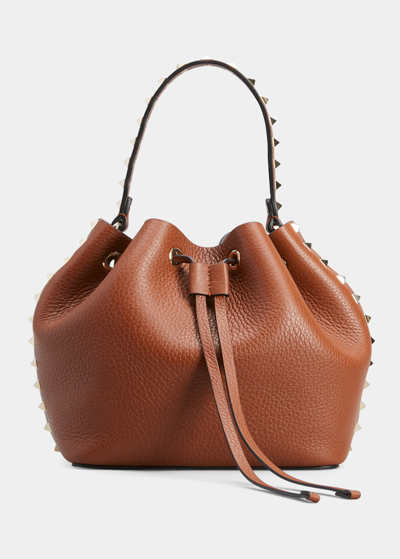 Shop Valentino Rockstud Drawstring Leather Bucket Bag In Hg5 Selleria