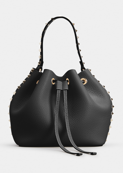 Shop Valentino Rockstud Drawstring Leather Bucket Bag In 0no Nero