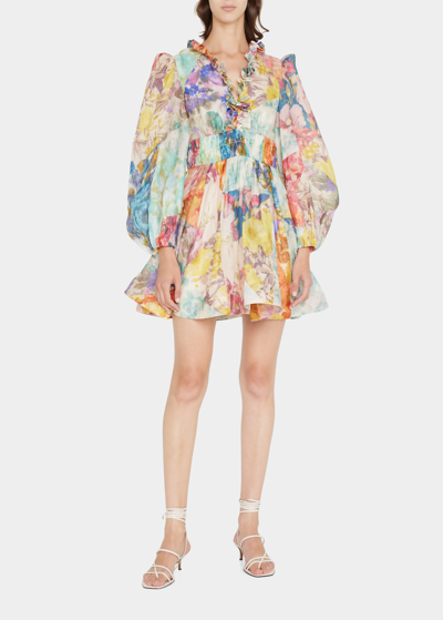 Shop Zimmermann High Tide Frill V-neck Mini Dress In Ikat Patch Floral
