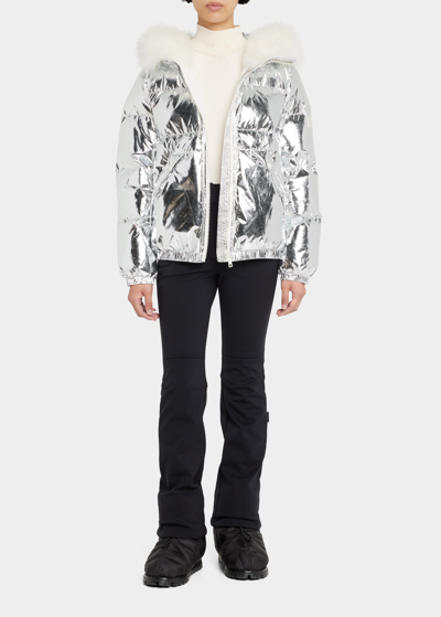 Shop Yves Salomon Metallic Bomber Jacket W/ Lamb Shearling Trim In B2701-silver