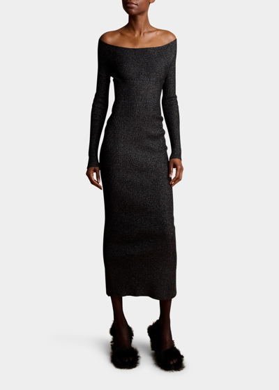 Shop Khaite Marisole Off-the-shoulder Metallic Rib Midi Dress In Onyx