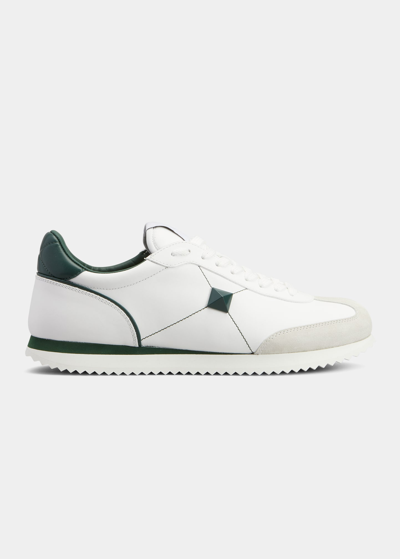 Shop Valentino Men's Retro Runner Maxi Stud Leather Sneakers In White/green