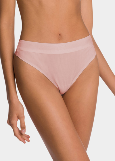 Shop Wolford Beauty Ribbed Cotton Thong In Powder Pink