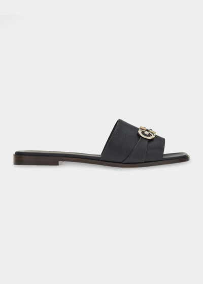 Shop Ferragamo Oria Gancini Leather Flat Sandals In Black