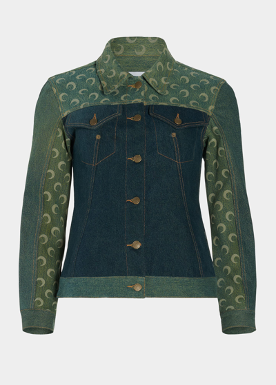 Shop Marine Serre Moon-print Denim Semi-fitted Jacket In 05 Green