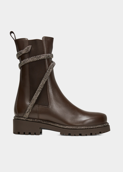 Shop René Caovilla Calfskin Strass Wrap Chelsea Boots In Dark Brown Calf J
