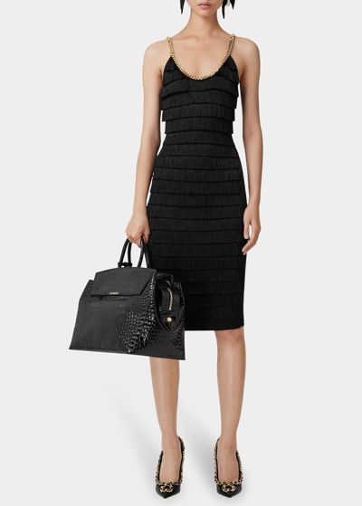 Shop Burberry Melina Fringe Midi Dress W/ Chain Detail In Black