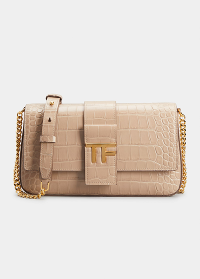Shop Tom Ford Tf Croc-embossed Chain Shoulder Bag In Warm Taupe