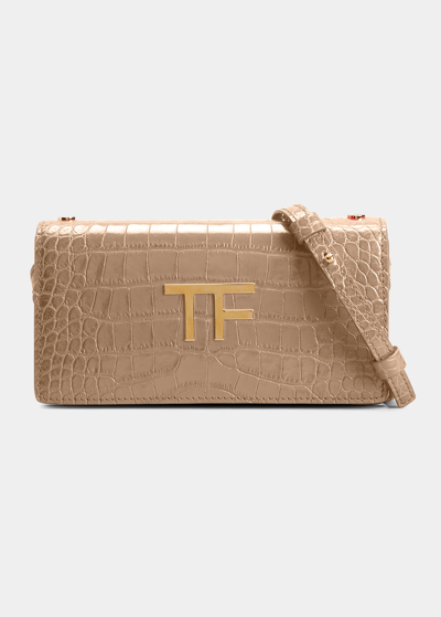 Shop Tom Ford Tf Mini Croc-embossed Crossbody Bag In Warm Taupe