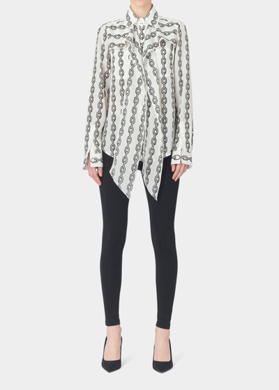 Shop Burberry Tammy Chain-print Scarf-neck Silk Blouse In White Ip Print