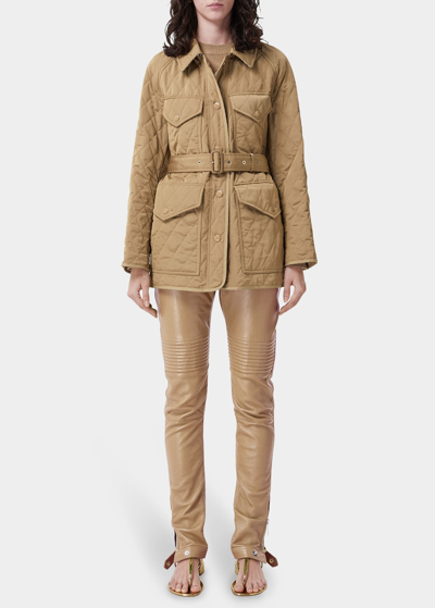 Shop Burberry Kemble Quilted Jacket With Belt In Archive Beige