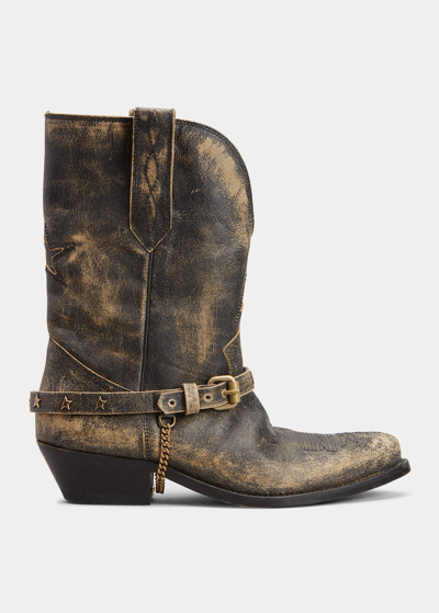 Shop Golden Goose Wish Star Belt Chain Western Boots In Blackbeige
