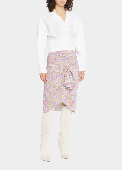 Shop Iro Tamio Printed Ruched Knee Skirt In Ecrupink