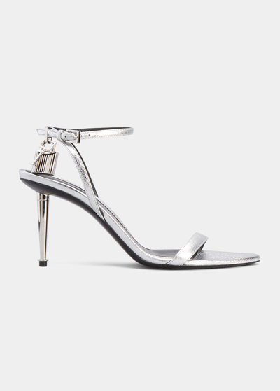 Shop Tom Ford 85mm Lock Tf Metallic Leather Sandals In Silver