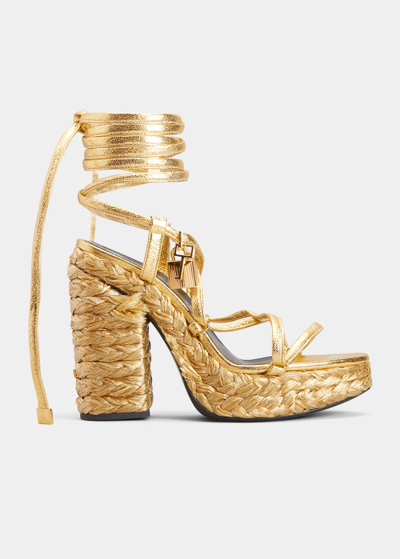 Shop Tom Ford Metallic Rope Ankle-wrap Platform Sandals In Gold
