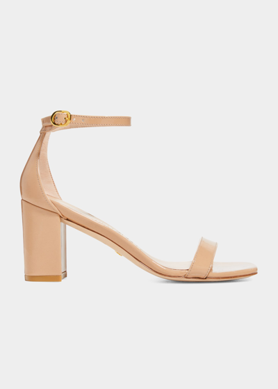 Shop Stuart Weitzman Nudistcurve Patent Leather Block-heel Sandals In Adobe