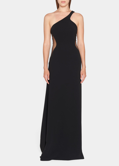 Shop Stella Mccartney One-shoulder Gown W/ Mesh Panels In 1000 Black