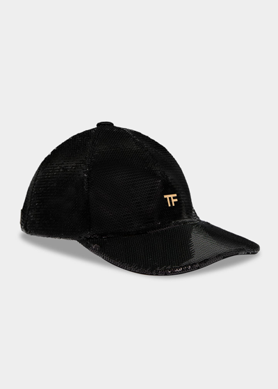 Shop Tom Ford Sequin Monogram Baseball Cap In Black