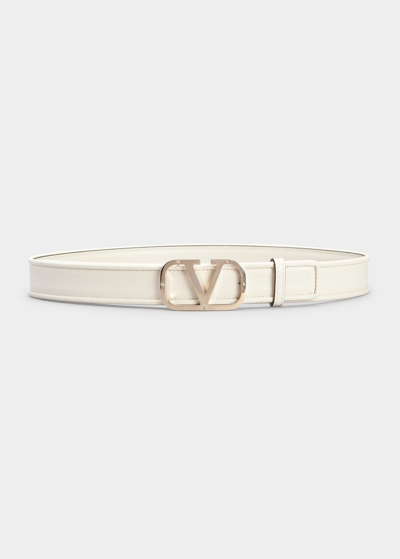 Shop Valentino Platinum Vlogo Leather Belt In I16 Light Ivory