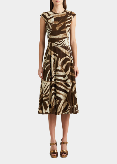 Shop Ralph Lauren Omeria Jungle-print Linen Midi Day Dress In Brown