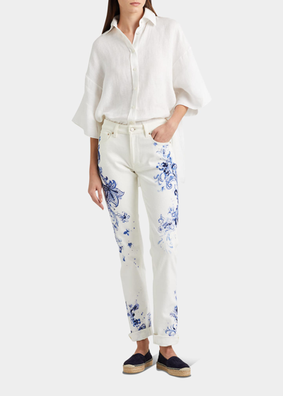 Shop Ralph Lauren Soloman Textured Linen Collared Blouse In White