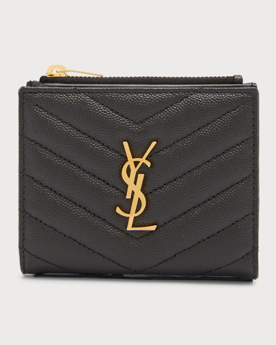Saint Laurent Ysl Monogram Small Ziptop Wallet In Grained Leather In Black
