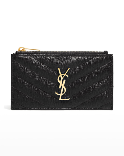 Shop Saint Laurent Ysl Monogram Small Ziptop Card Case In Grained Leather In Black