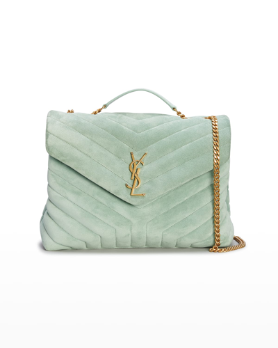 Shop Saint Laurent Loulou Medium Ysl Shoulder Bag In Quilted Suede In Vert Opaline