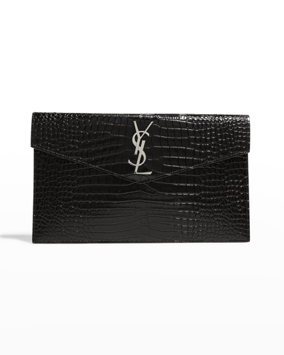 Shop Saint Laurent Uptown Ysl Pouch In Croc-embossed Leather In Black