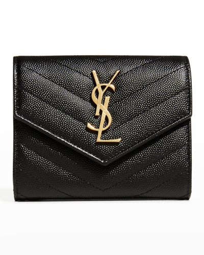 Shop Saint Laurent Ysl Monogram Trifold Wallet In Grained Leather In Black