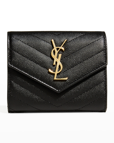 Saint Laurent Ysl Monogram Trifold Wallet In Grained Leather In Black
