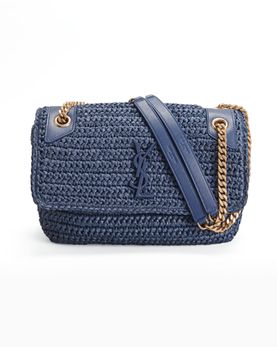 Shop Saint Laurent Niki Ysl Monogram Medium Crocheted Shoulder Bag In Bleu Otre