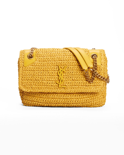 Shop Saint Laurent Niki Medium Flap Ysl Shoulder Bag In Raffia In Yellow