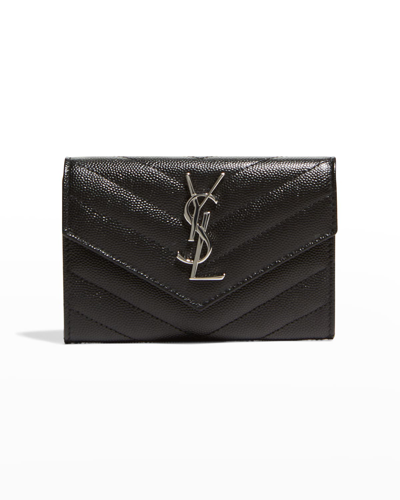 Saint Laurent Ysl Monogram Small Flap Wallet In Grained Leather In Black