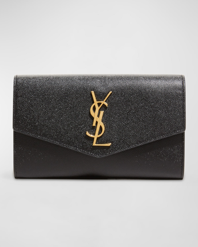 Shop Saint Laurent Uptown Ysl Wallet On Chain In Grained Leather In Black