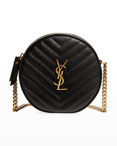 Shop Saint Laurent Vinyle Ysl Round Crossbody Bag In Quilted Grained Leather In Black