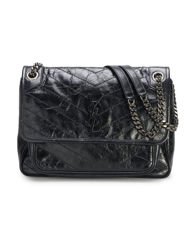 Shop Saint Laurent Niki Medium Flap Ysl Shoulder Bag In Crinkled Leather In Nero