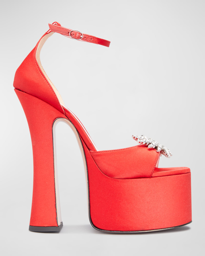 Shop Piferi Rosalia Satin Crystal Platform Sandals In Flame Redsilver