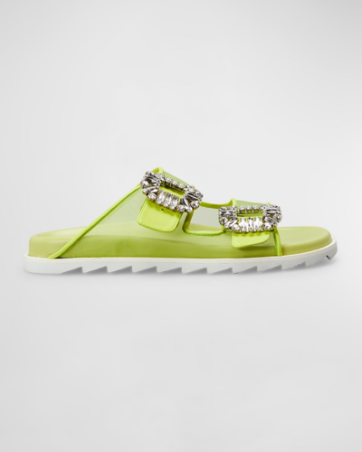 Shop Roger Vivier Strass Net Slide Sandals In Lt Green
