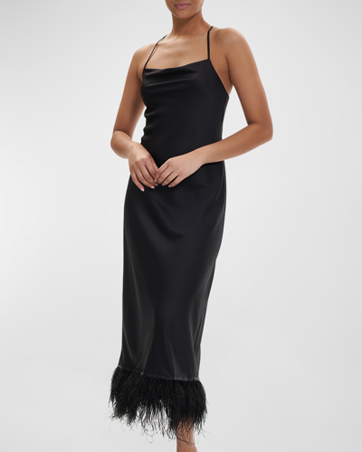 Shop Rya Collection Swan Cowl-neck Feather-trim Nightgown In Black